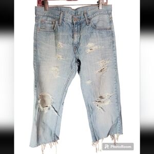 Levis 504 Denim Size 33 Mens Womens Cropped Distressed Raw Hem  Light Blue Jeans
